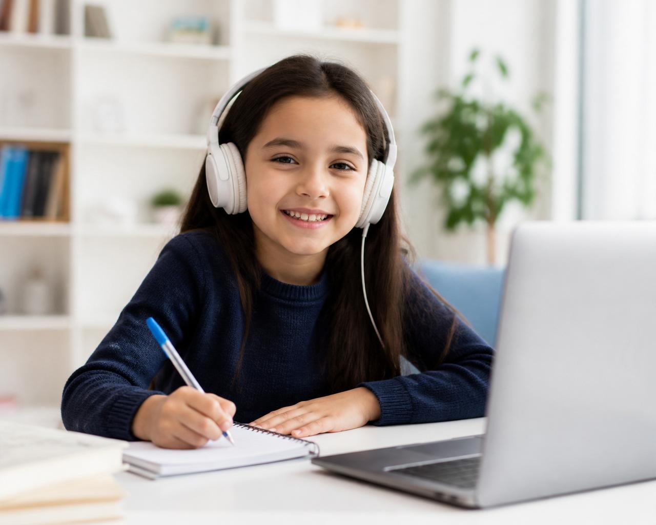 A smiling student learning online with headphones